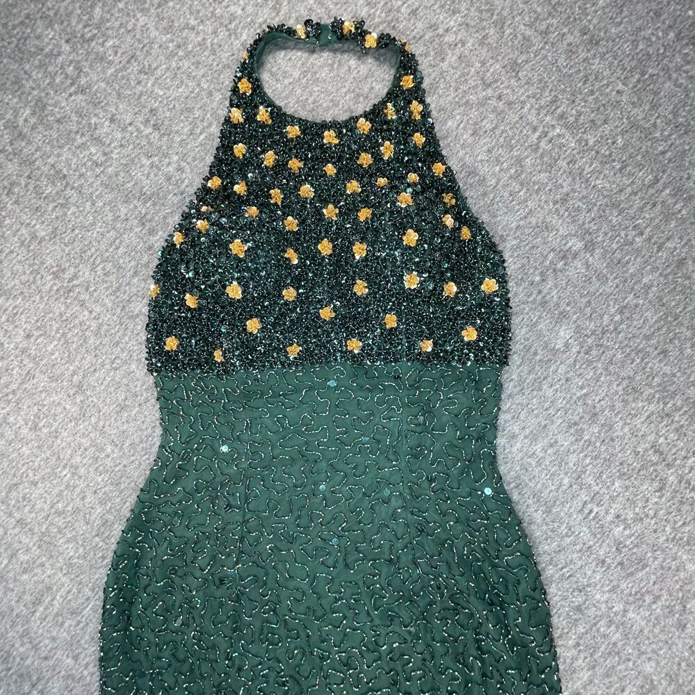 Sean Collection 100% Silk Beaded Gown M Green 3D Floral Bodice Vintage 90s Prom